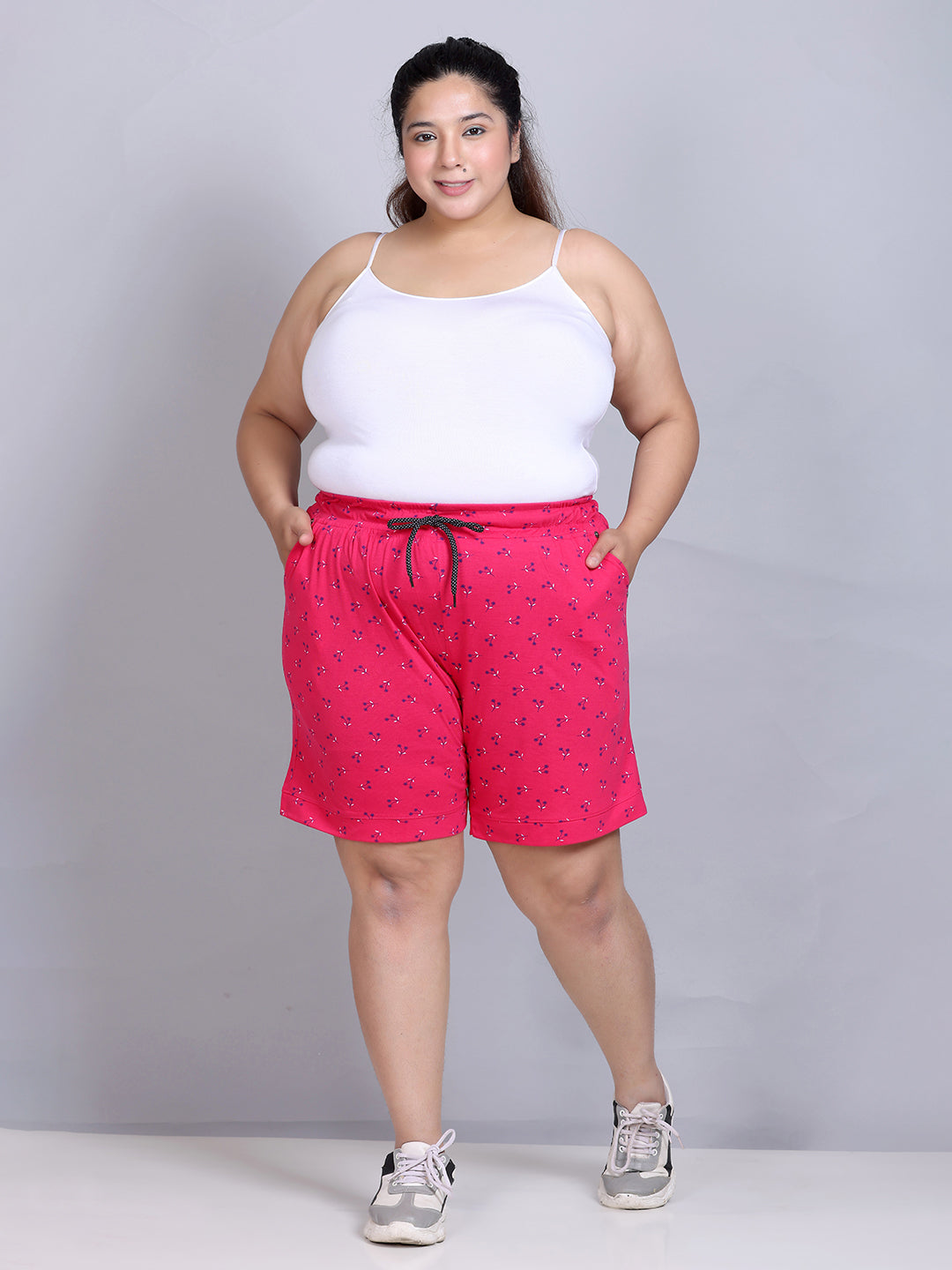 Plus Size Cotton Shorts For Women - Printed Bermuda - Pink