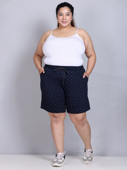 Plus Size Cotton Shorts For Women - Printed Bermuda - Navy Blue