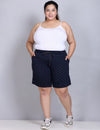 Plus Size Cotton Shorts For Women - Printed Bermuda - Navy Blue