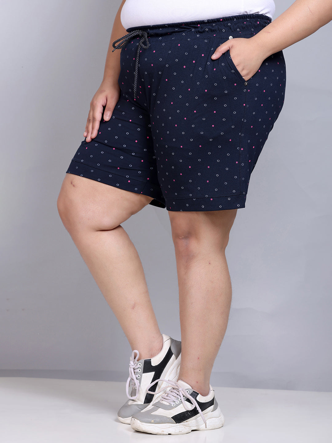 Comfortable Navy Blue Printed Bermuda Cotton Plus Size Shorts For Women Online In India