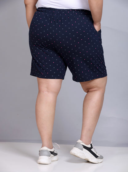 Plus Size Cotton Shorts For Women - Printed Bermuda - Navy Blue