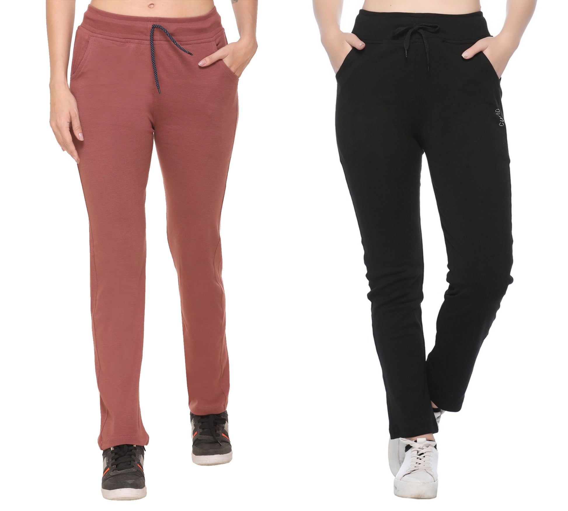 Stretchable Track Pants For Women - Cotton Lycra Activewear - Pack of 2 (Black & Copper Rust)