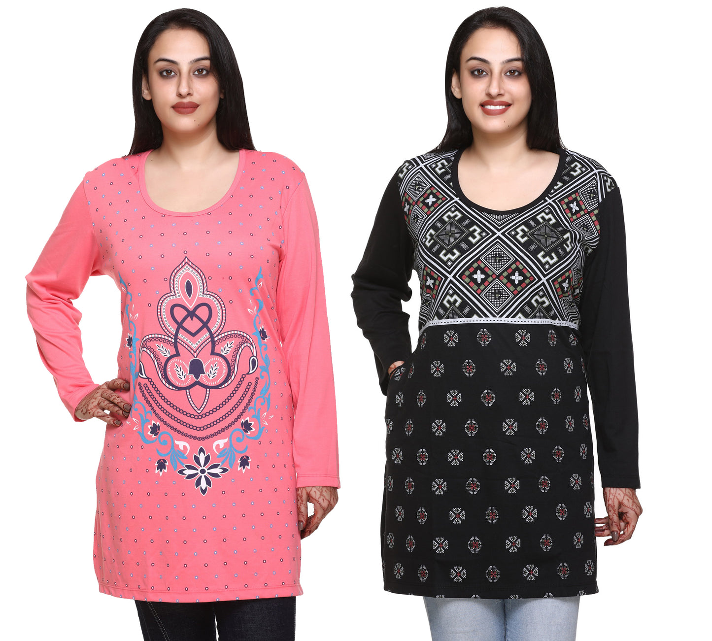 Plus Size Printed Long Tops For Women Full Sleeves - Pack of 2 (Pink & Blue)