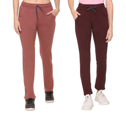 Stretchable Track Pants For Women - Cotton Lycra Activewear - Pack of 2 (Wine & Copper Rust)