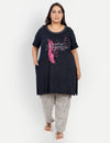 Cotton Nightsuit For Women - Long Top &Pyjama Set - Navy Blue & Grey