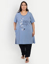 Cotton Nightsuit For Women - Long Top & Pyjama Set - Sky Blue & Black