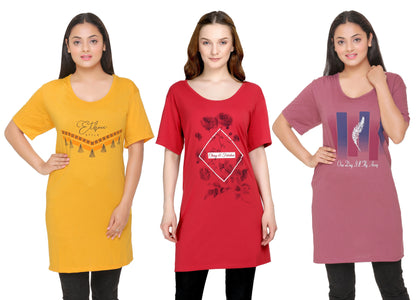 Plus Size Long T-shirts For Women - Half Sleeve - Pack of 3 (Yellow, Rust Red & Mauve)