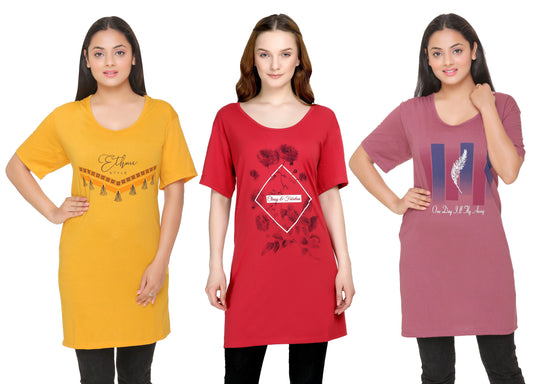 Stylish Plus Size Printed Half Sleeve Long T-shirts For Women (Pack of 3) Online In India