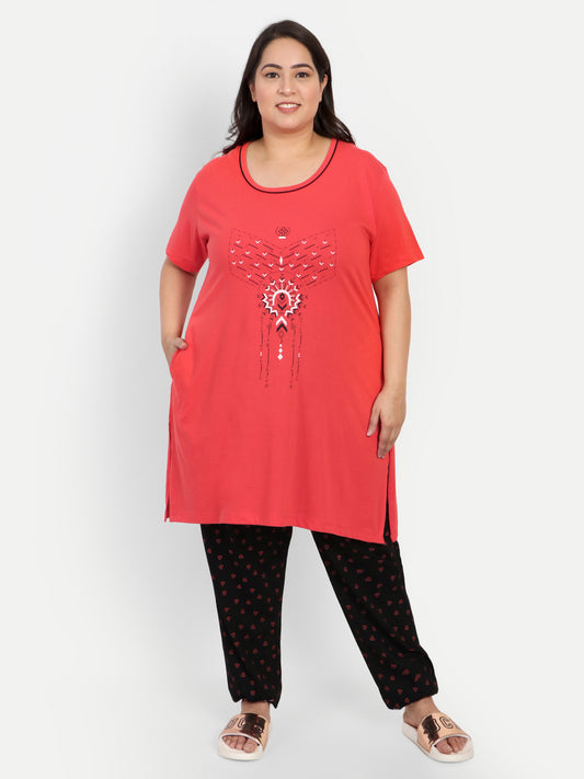 Cotton Nightsuit For Women - Long Top & Pyjama Set - Coral Red & Black