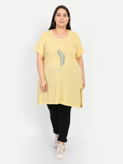 Plus Size Long T-shirt For Women - Half Sleeves - Lemon Yellow