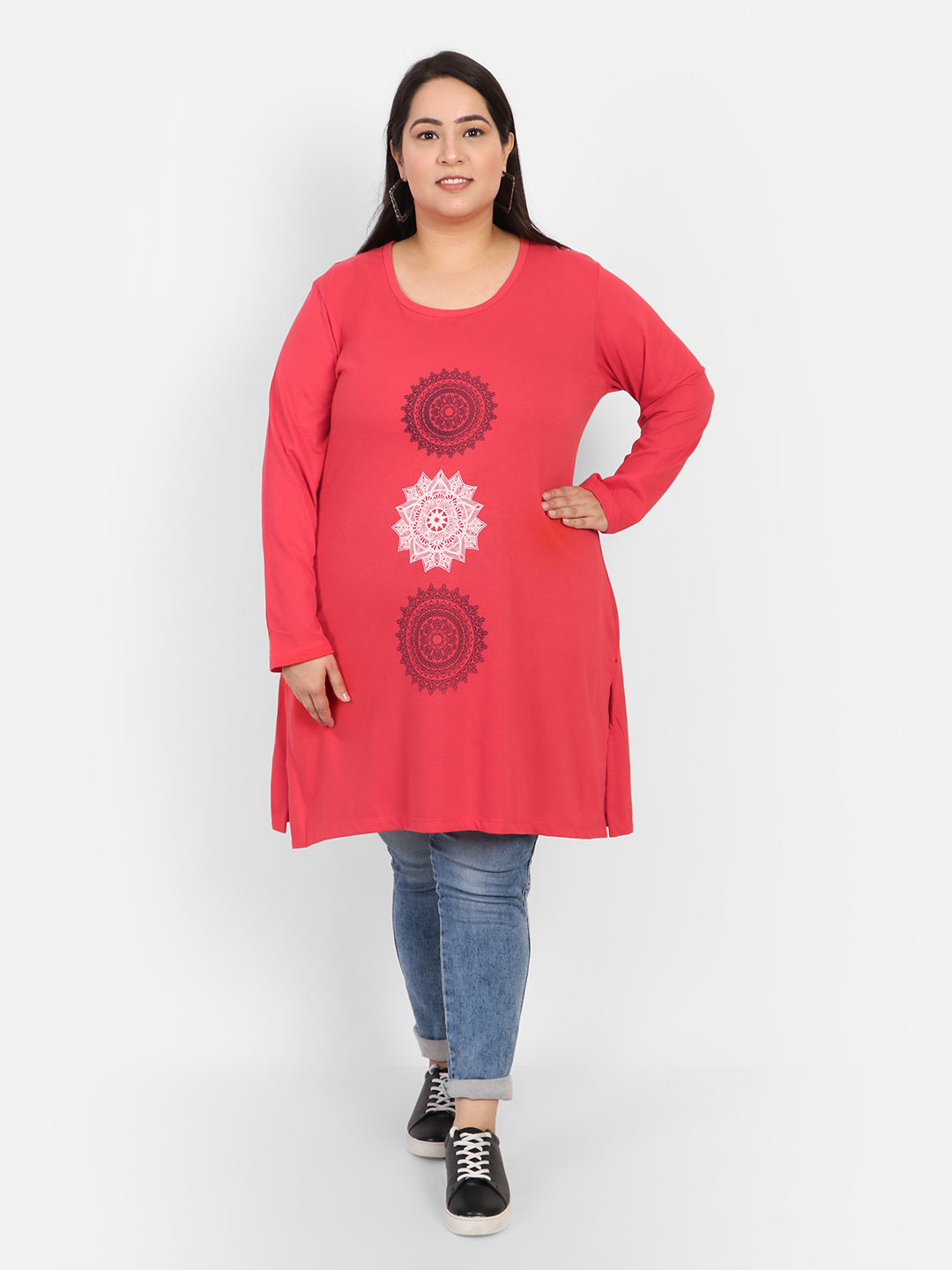 Cotton Long Top for Women Plus Size - Full Sleeve - Red  At Online