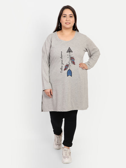 Cotton Long Top for Women Plus Size - Full Sleeve - Grey