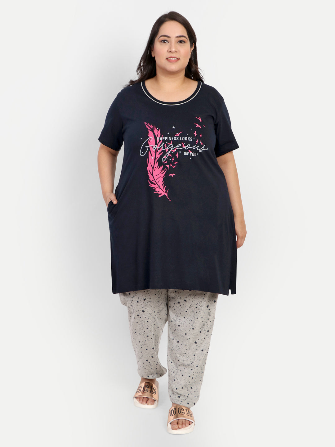 Comfortable Plus Size Cotton Nightsuit Set For Women (Long Top & Pajamas) Online In India