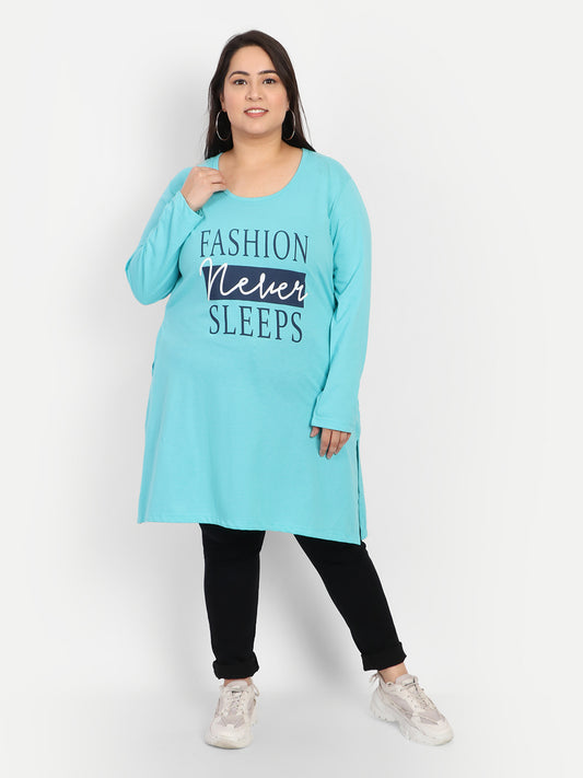 Cotton Long Top for Women Plus Size - Full Sleeve - Turquoise