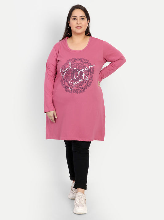 Cotton Plus Size Long Tops for women In Full Sleeves- Rosy Pink