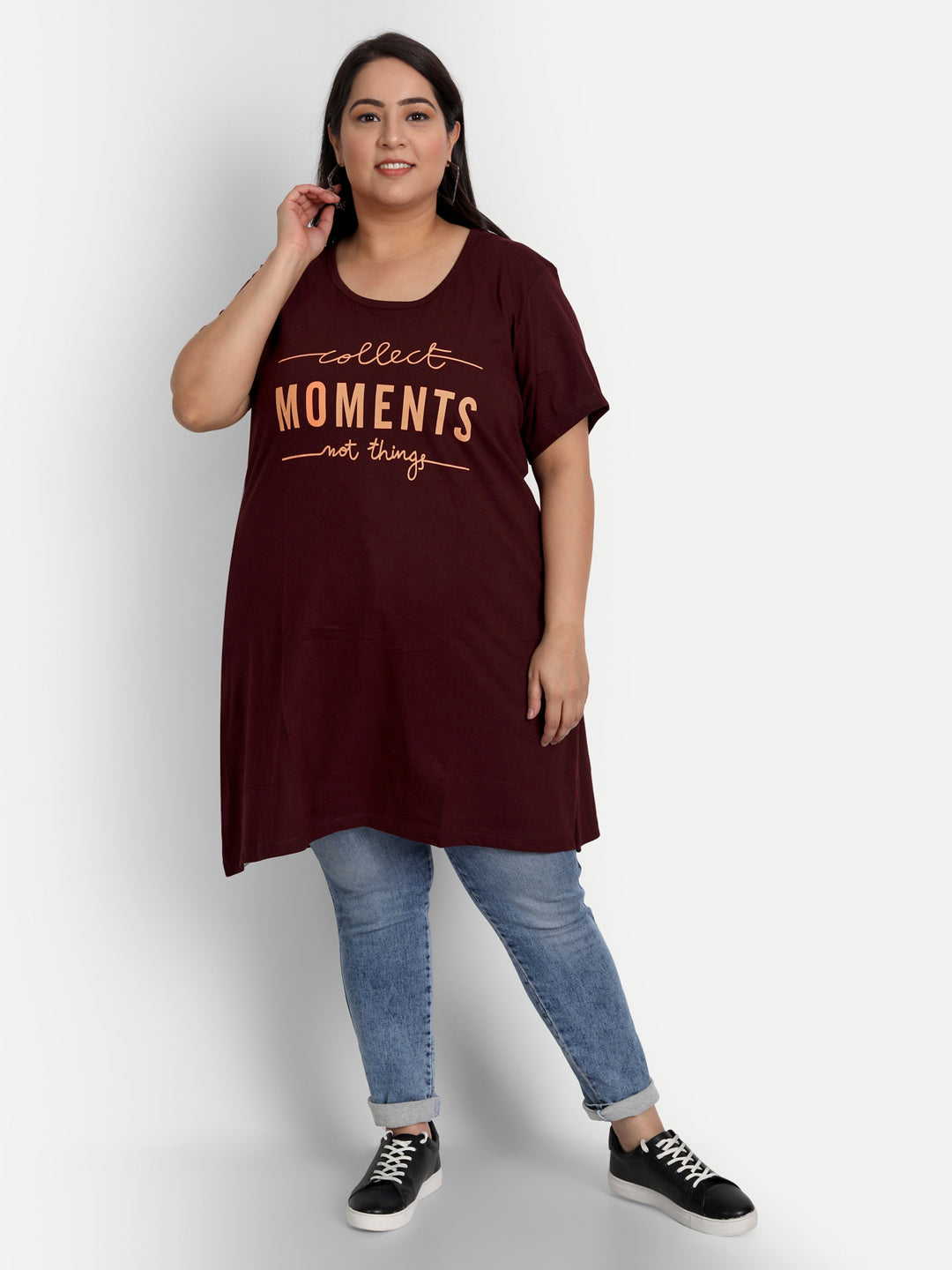 Plus Size Long T-shirt For Women - Half Sleeves - Wine
