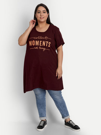 Plus Size Long T-shirt For Women - Half Sleeves - Wine