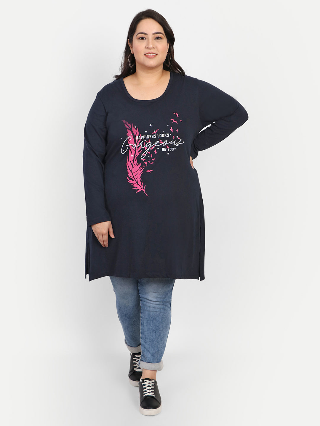  Stylish Cotton Long Top for Women Plus Size - Full Sleeve - Navy Blue Online In India 