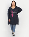 Cotton Long Hip Covering Top for Women Plus Size - Full Sleeve - Navy Blue