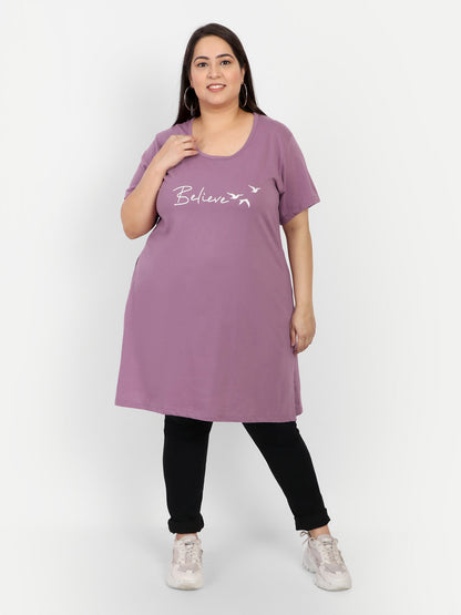 Comfy Lavender Printed Cotton Long T-shirt For Women (Half Sleeves) Online In India