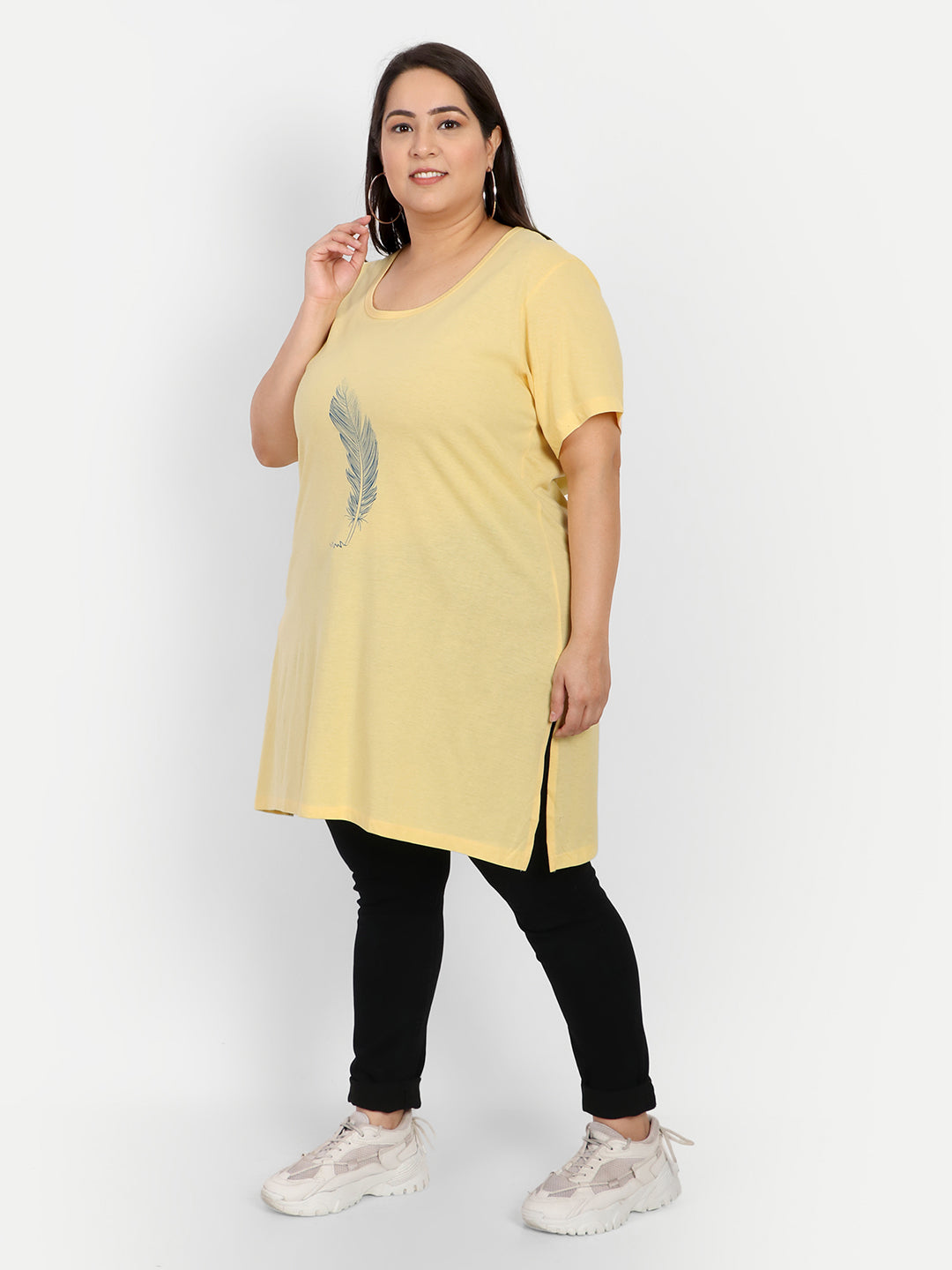 Comfy Lemon Yellow Printed Cotton Long T-shirt For Women (Half Sleeves) Online In India