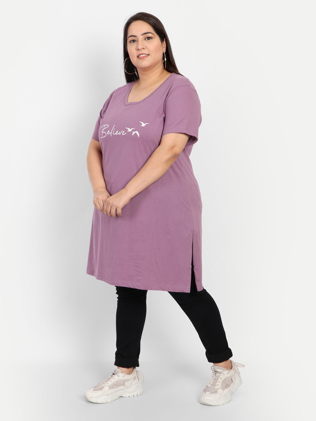 Comfy  Lavender Printed Cotton Long T-shirt For Women (Half Sleeves) Online In India