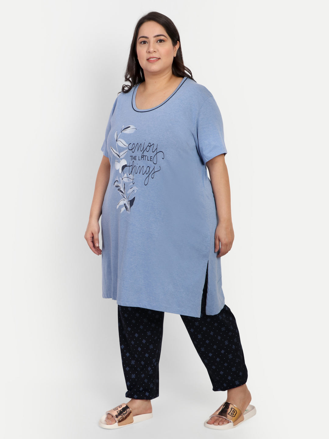 Plus Size Cotton Nightsuit For Women Long Top Pyjama Set