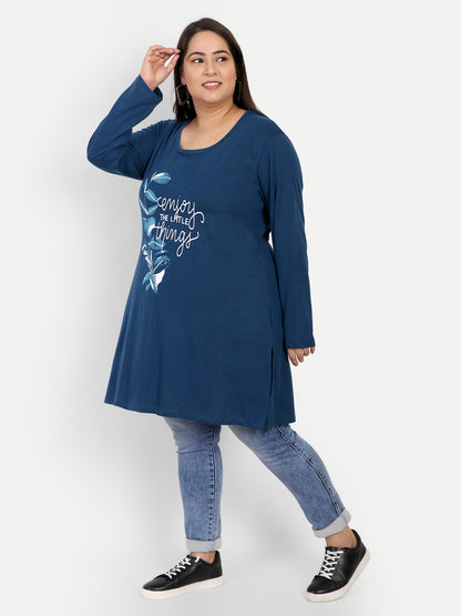 Cotton Long Top for Women Plus Size - Full Sleeve - Teal