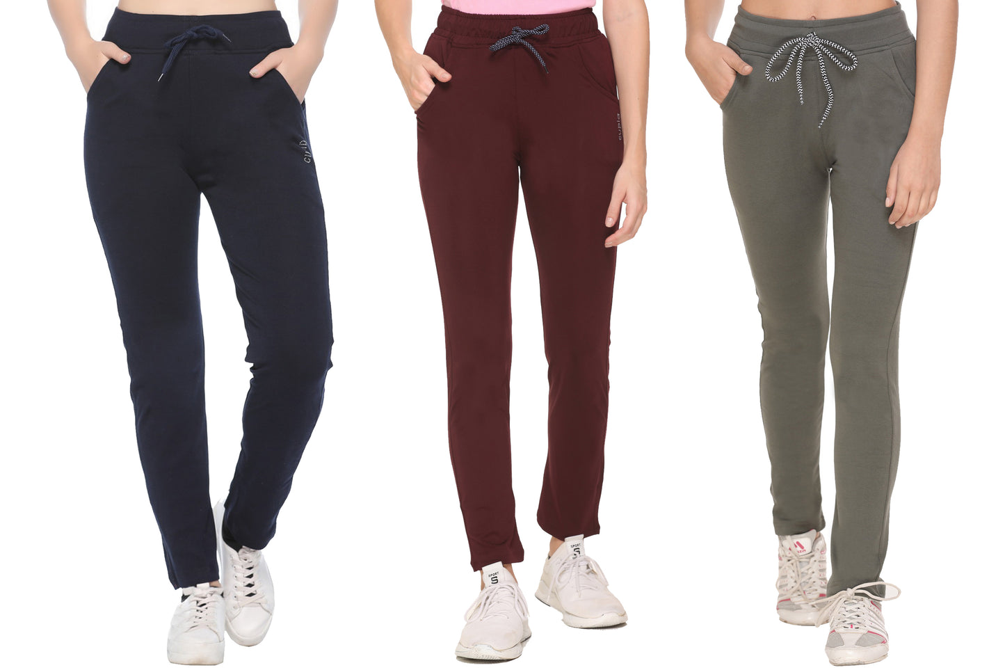Stretchable Track Pants For Women - Cotton Lycra Activewear - Pack of 3 (Wine, Olive Green & Navy Blue)