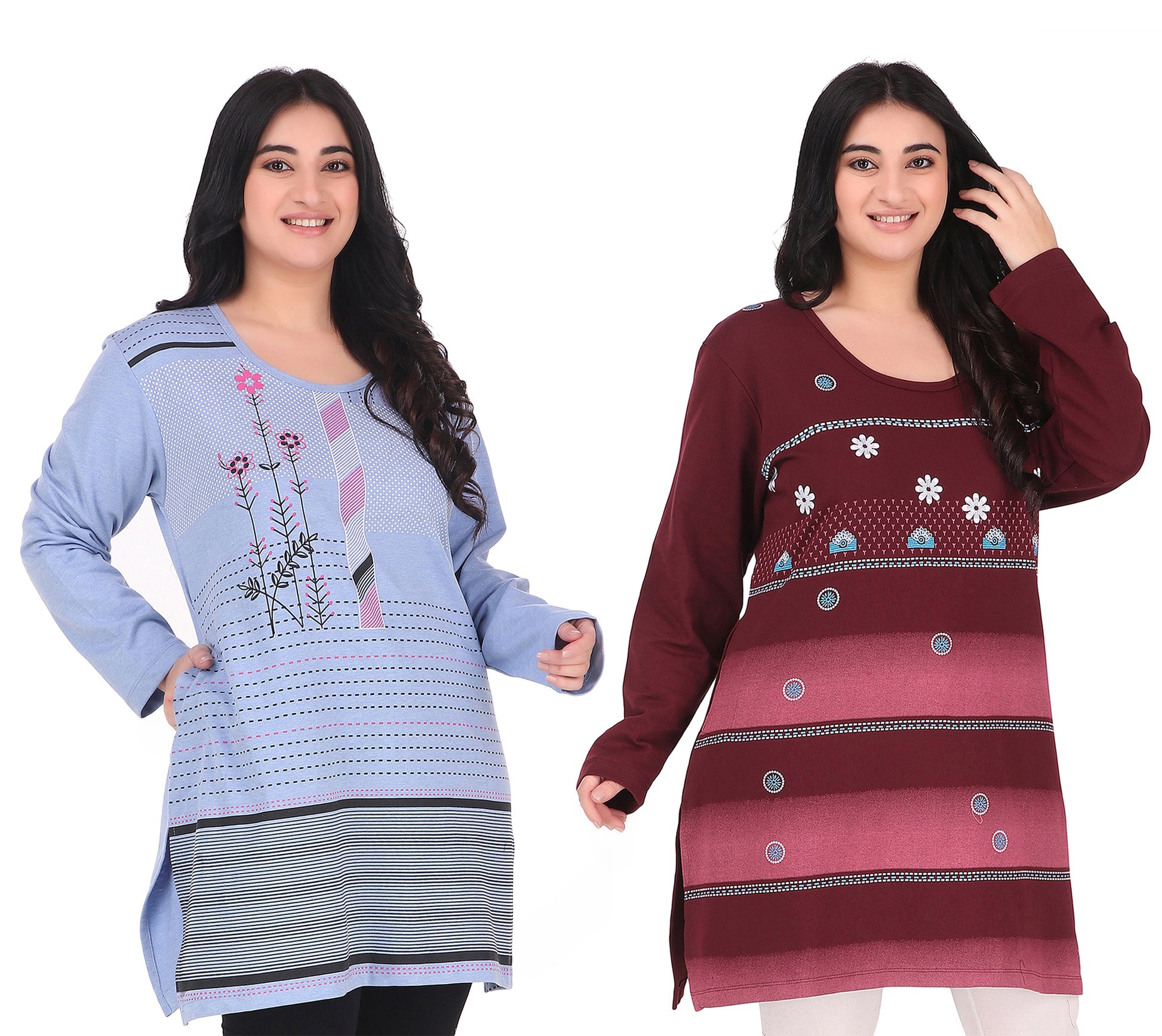 Plus Size Printed Long Tops For Women Full Sleeves - Pack of 2 (Wine & Sky Blue)