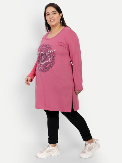Cotton Plus Size Long Tops for women In Full Sleeves- Rosy Pink