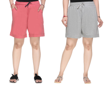 Cotton Shorts For Women - Plain Bermuda Combo (Rosy Pink & Grey)