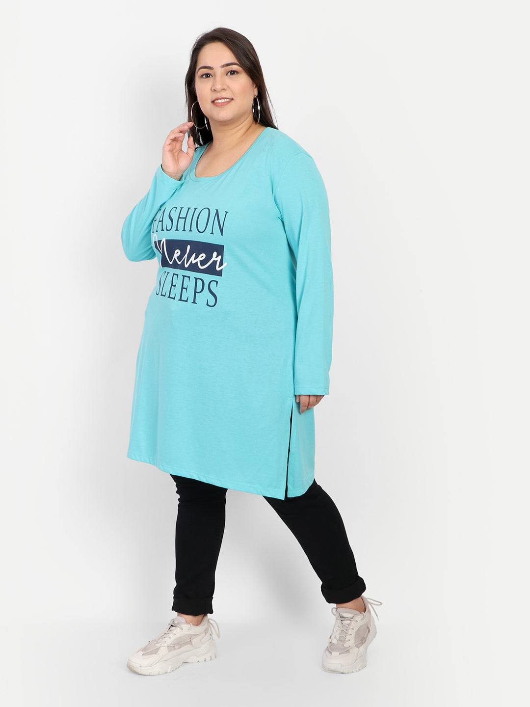 Cotton Long Top for Women Plus Size - Full Sleeve - Turquoise