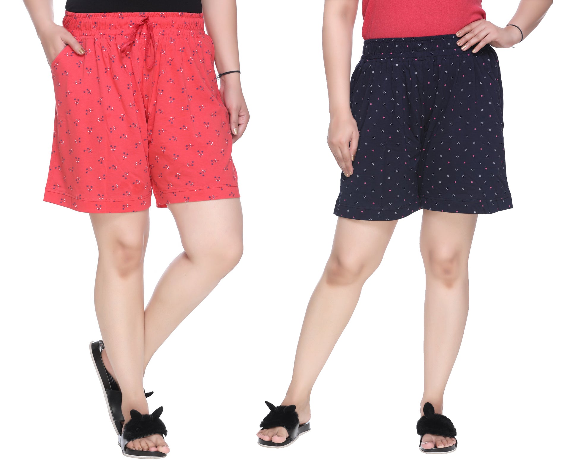 Plus Size Cotton Shorts For Women - Printed Bermuda Combo (Coral Red & Navy Blue)
