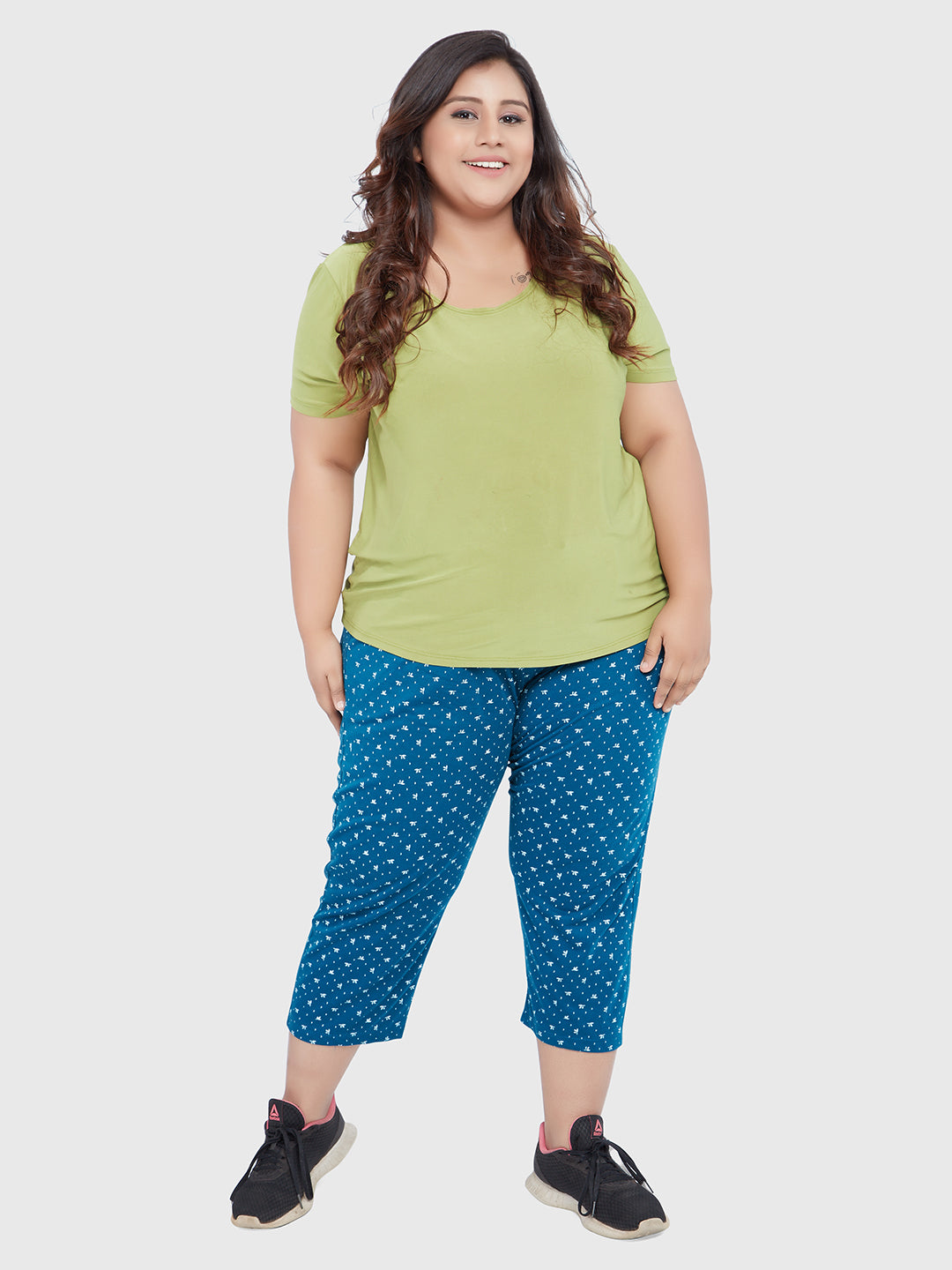 Stylish Teal Blue Printed Cotton Plus size Capri For Women Online In India