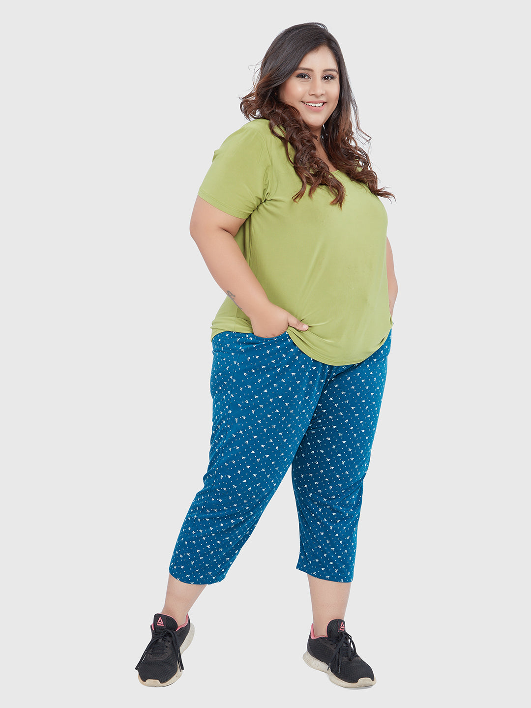 Stylish Teal Blue Printed Cotton Plus size Capri For Women Online In India