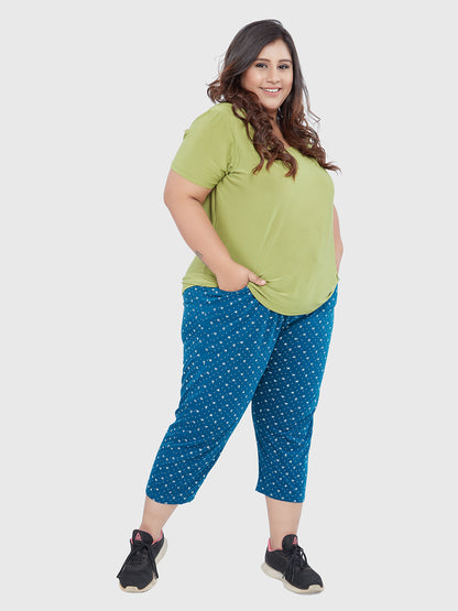 Stylish Teal Blue Printed Cotton Plus size Capri For Women Online In India