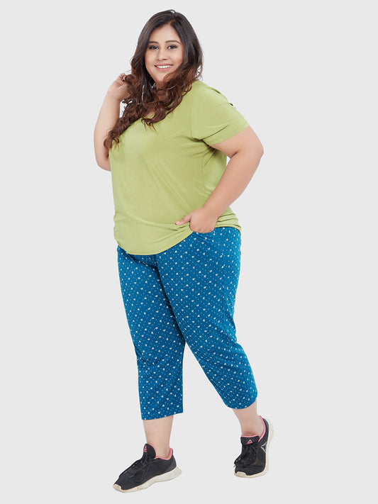 Stylish Teal Blue Printed Cotton Plus size Capri For Women Online In India