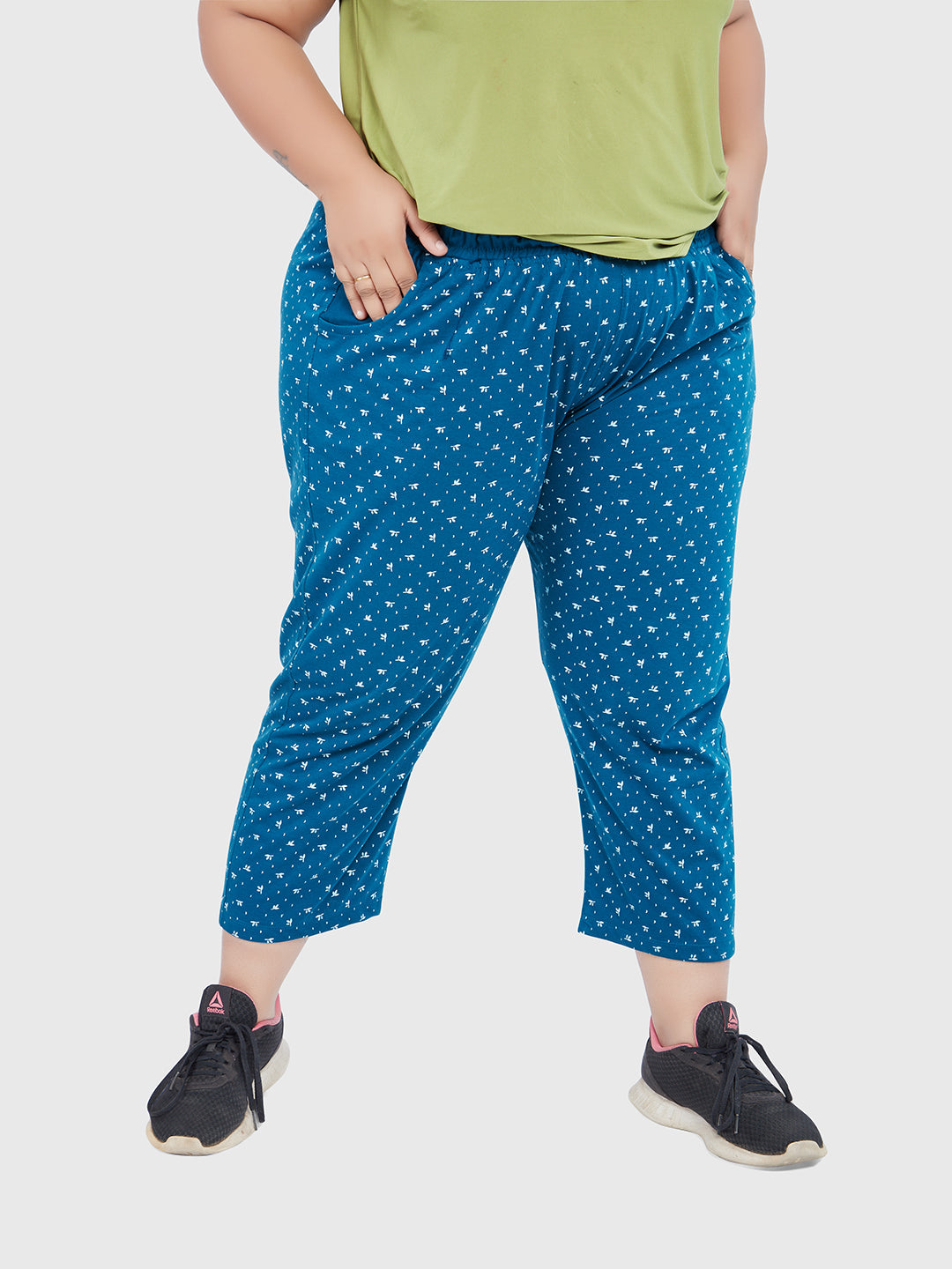 Stylish Teal Blue Printed Cotton Plus size Capri For Women Online In India