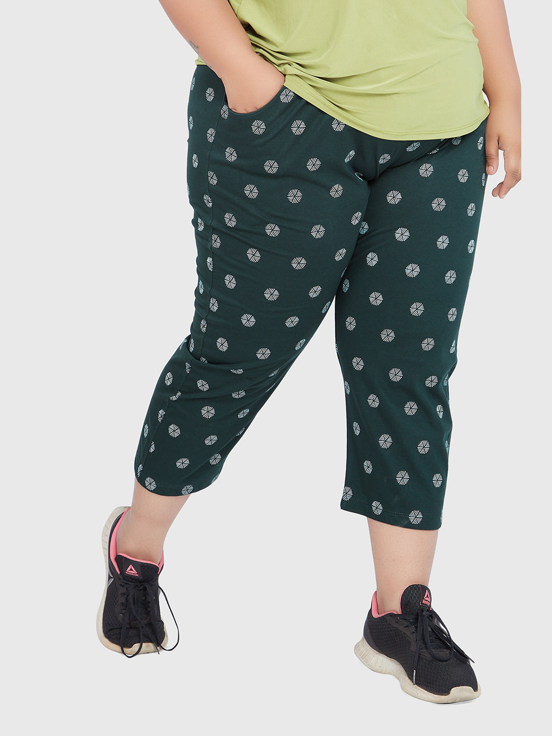 Plus Size Capri For Women - 3/4 Printed Pyjama - Bottle Green