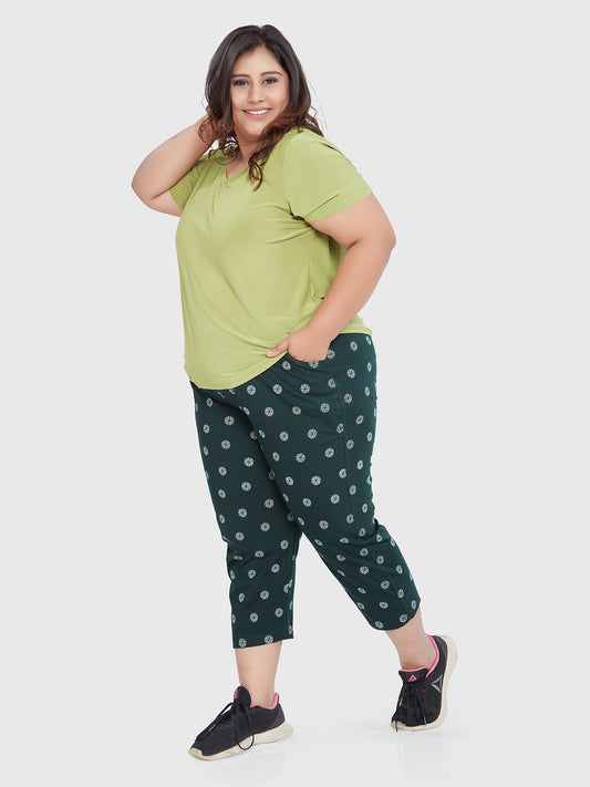 Stylish Bottle Green Printed Cotton Plus Size Capri For Women Online In India