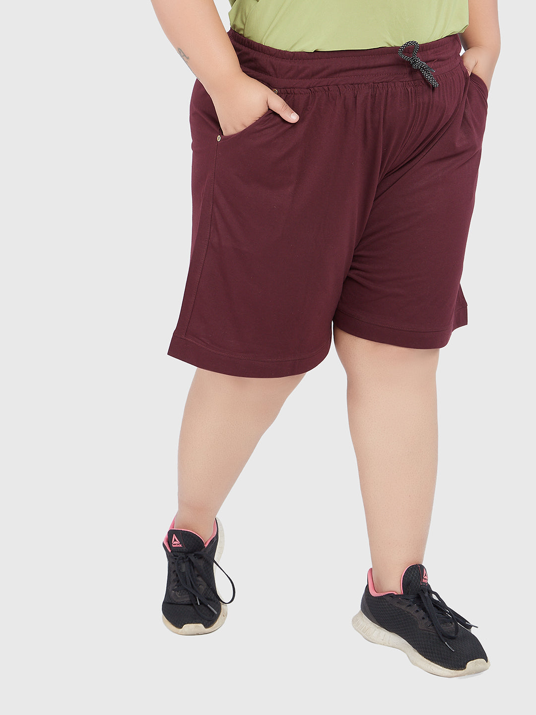 Comfortable Wine Plain Bermuda Cotton Plus Size Shorts For Women Online In India