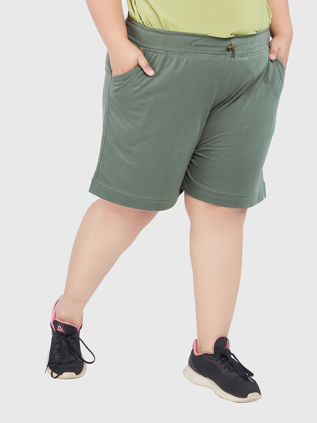 Comfortable Olive Green Plain Bermuda Cotton Plus Size Shorts For Women Online In India