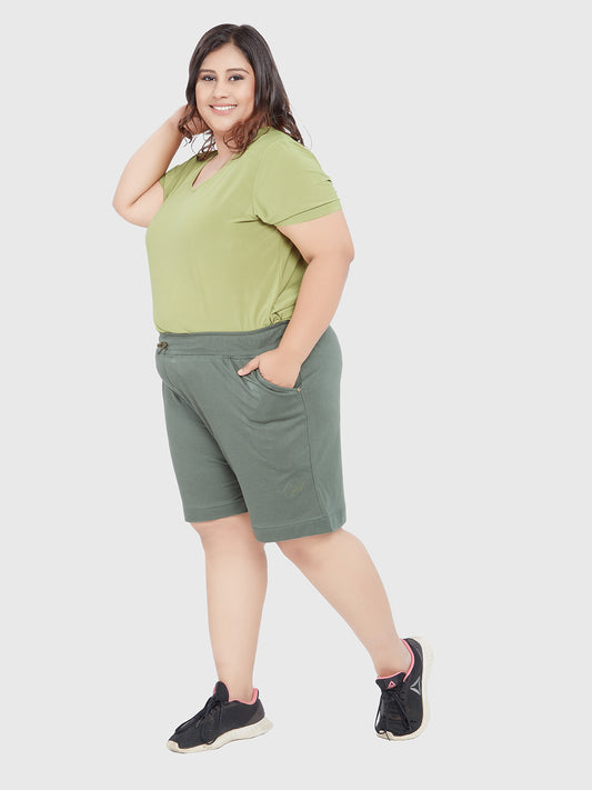 Comfortable Olive Green Plain Bermuda Cotton Plus Size Shorts For Women Online In India
