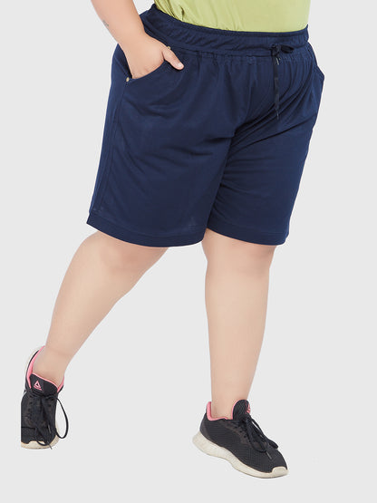 Comfortable Navy Blue Plain Bermuda Cotton Shorts For Women Online In India