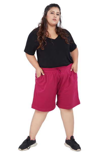 Plus Size Cotton Shorts For Women - Plain Bermuda Combo (Olive Green & Purple)
