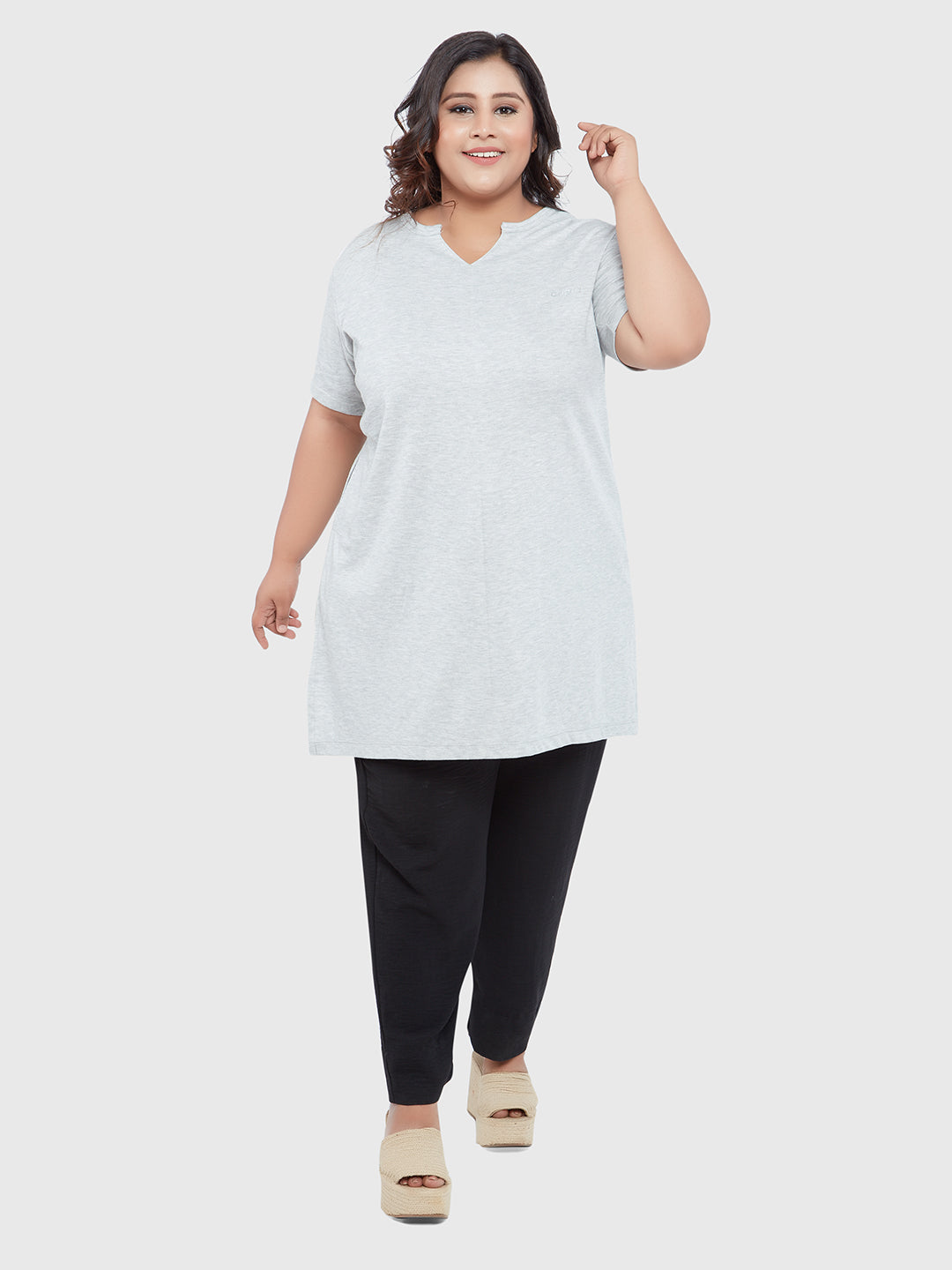 Stylish Grey Cotton Plus Size Half Sleeves Long Top For Women Online In India