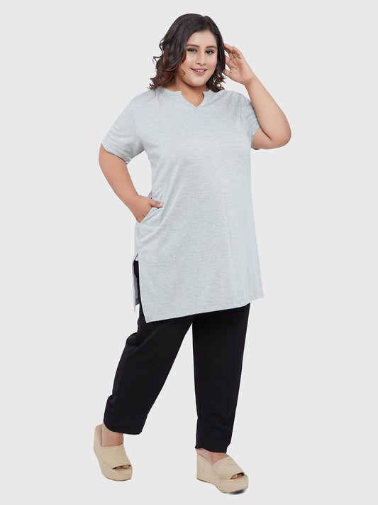 Plus Size Half Sleeves Grey Long  Tops For Women 