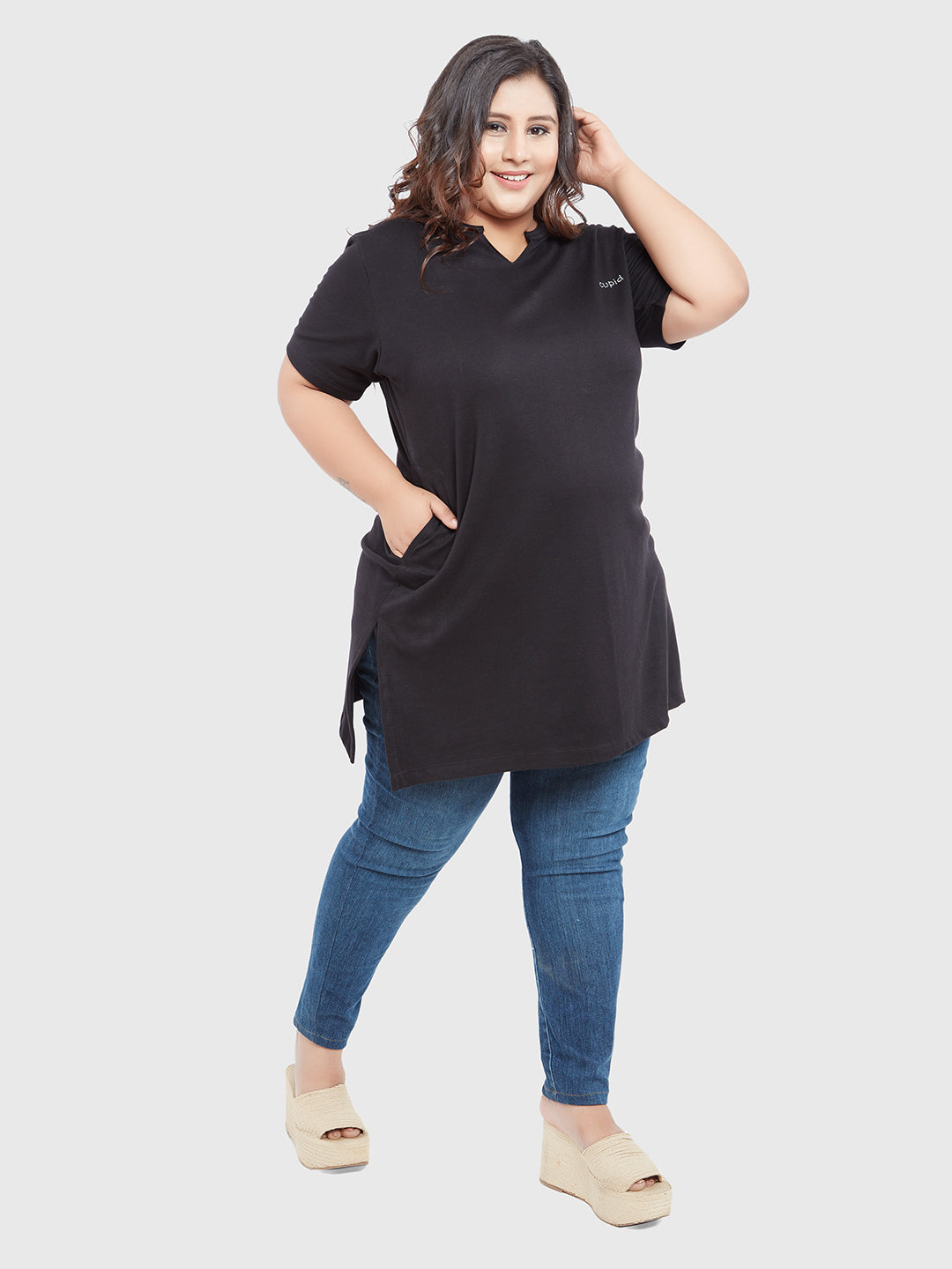Comfortable Half Sleeves Long Top For Women In Plus Size - Black At Best Prices