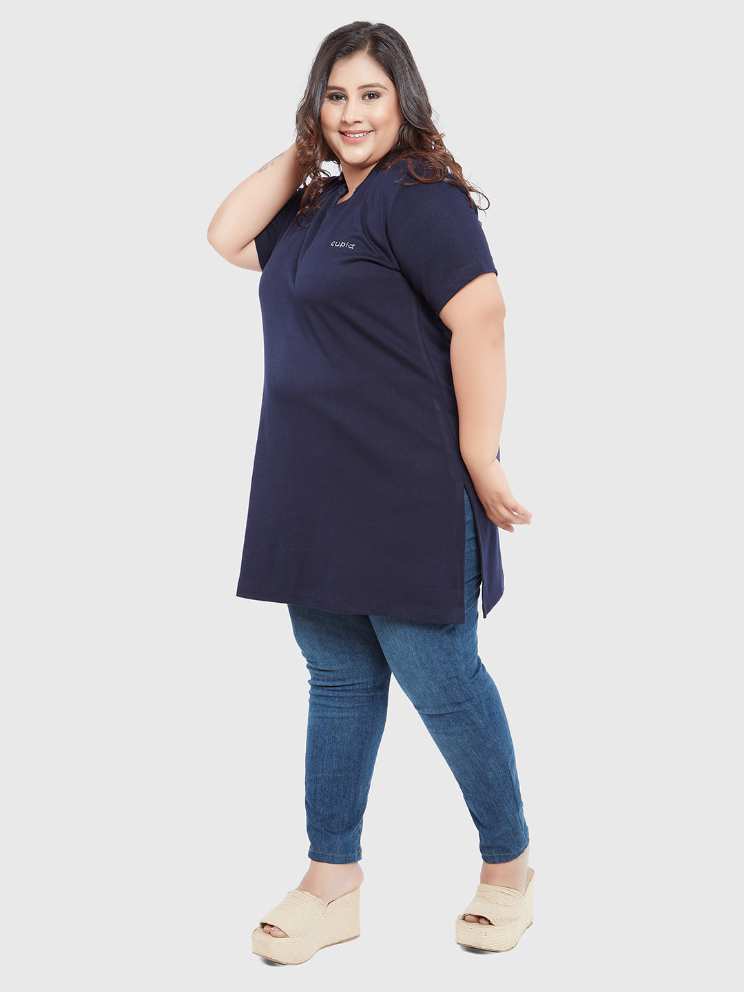 Plus Size Half Sleeves Long Top For Women - Navy Blue
